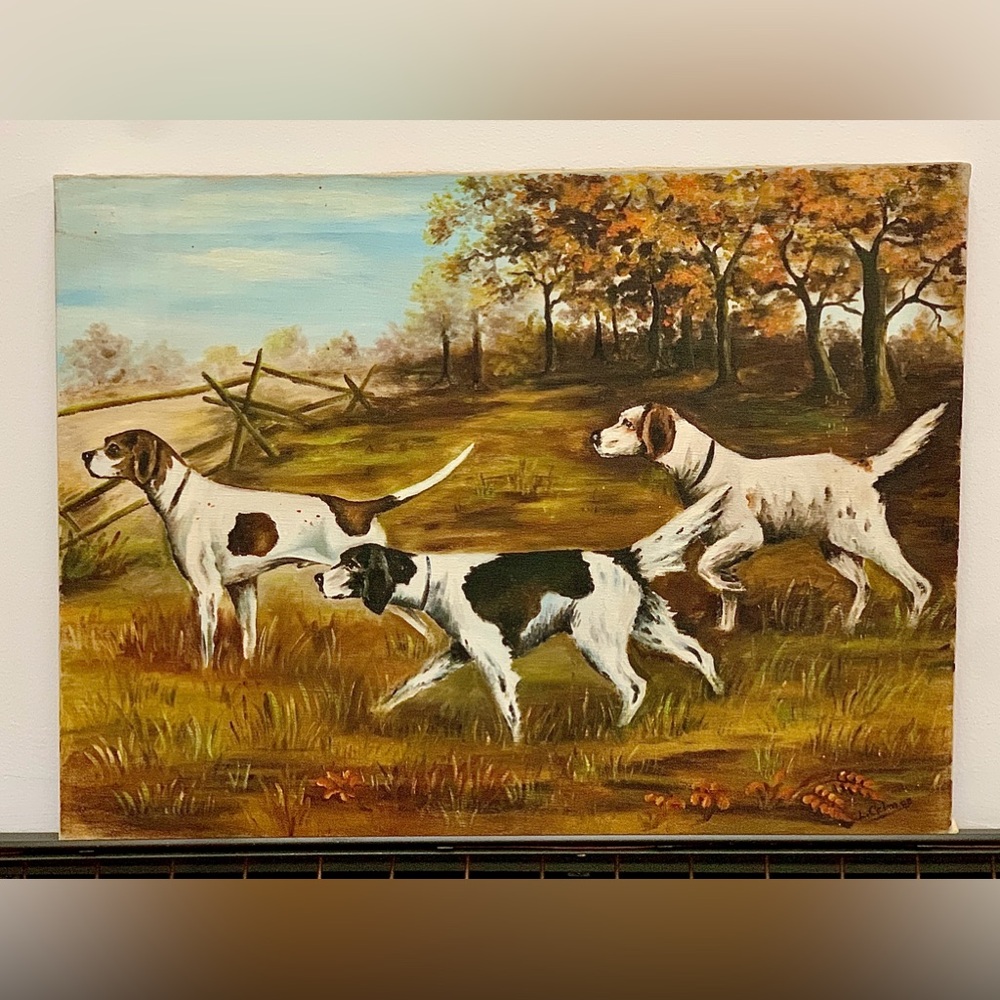 Mid Century Vintage Oil on Canvas 3 Dogs Hunting in Field Painting